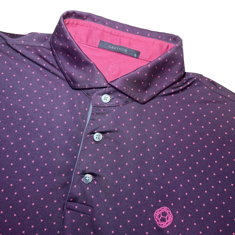 Greyson Mens Golf Polo Shirt Large Burgundy Purple Pink Heart Print Short Sleeve